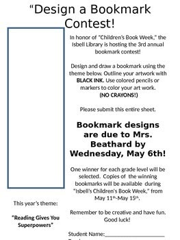 Bookmark Contest by Library Life | Teachers Pay Teachers Bookmark Contest Library, Bookmark Contest Ideas, School Library Contests, Library Contest Ideas, Library Elementary Ideas, Library Week Activities, Bookmark Challenge, School Library Themes, Library Contests