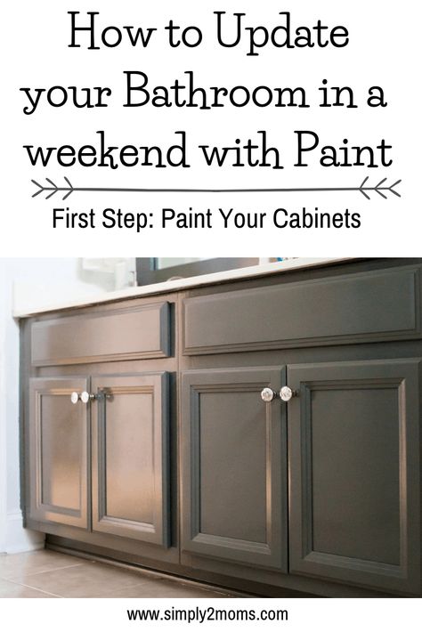 You don't want to miss this hack for painting cabinet doors! Get simple instructions for how to paint cabinets using Benjamin Moore's water-based alkyd paint. This budget-friendly bathroom makeover is easy enough to do in a weekend. Paint colors used are Kendall Charcoal and Horizon. #hallbath #guestbath #DIY #paintcabinets #simply2moms Painting Cabinet Doors, Greige Bathroom, Grey Bathroom Paint, Diy Bathroom Vanity Makeover, Charcoal Bathroom, Bathroom Makeover On A Budget, Benjamin Moore Bathroom, Bathroom Cabinet Colors, Painted Vanity Bathroom