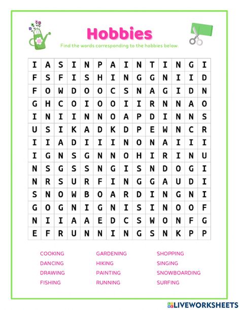 My Hobby Worksheet, Singing Drawing, Reading Worksheets, Word Search, Vocabulary, Hobbies, Reading