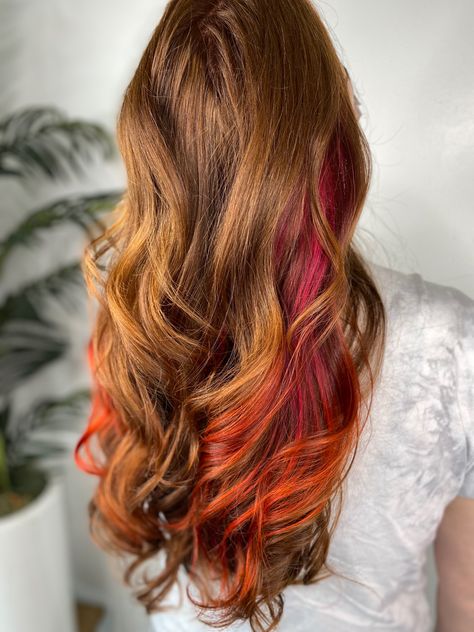 Red Hair Peekaboo Highlights, Copper Hair With Peekaboo Color, Red And Orange Peekaboo Hair, Peekaboo Hair Color Redhead, Peekaboo Hair Color Orange, Orange Hair Highlights, Bright Orange Highlights In Brown Hair, Magenta Peekaboo Highlights, Orange Peekaboo Hair