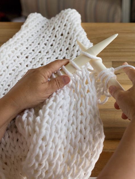 This knitted table runner is knitted with bulky yarn and large knitting needles and is super easy to make. This table runner can be knitted in just a few hours. Knitted Table Runner My husband and I built this zinc top table ourselves and it was the first piece of furniture that we have ever ... Read More about  Knitted Table Runner Knitted Table Runner, Chunky Pillow, Knitting Needles Sherwin Williams, Large Knitting Needles, Large Knitting, Chunky Knit Throw, Crochet Table, Knit Pillow, Knitting Needles Sizes