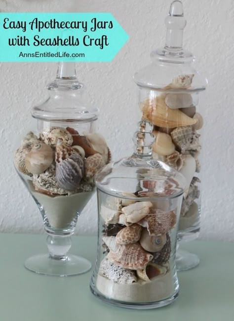 Apothecary Jars with Seashells; a simple craft to display your beautiful seashells. http://www.annsentitledlife.com/crafts/apothecary-jars-with-seashells/ Cd Mosaic, Seashell Display, Shell Display, Seashell Projects, Decor Shabby Chic, Sea Shell Decor, Shell Decor, Seashell Art, Beach Crafts