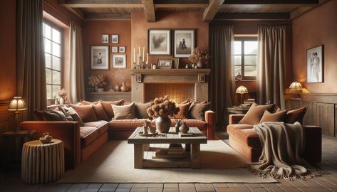 terracotta living room with brown accent colors Rust Living Room Walls, Terracotta Tiles Living Room, Terra Cotta Living Room, Chocolate Living Rooms, Terracotta Interior Design, Terracotta Living Room, Brown Walls Living Room, Brick Living Room, Tiles Living Room