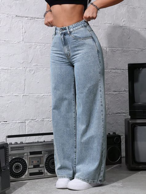 Casual Washed High Waist Straight Leg Jeans Light Wash Casual   Denim Plain Wide Leg Non-Stretch  Women Clothing, size features are:Bust: ,Length: ,Sleeve Length: Jeans With Pockets On The Side, Best High Waisted Jeans, High Waist Straight Leg Jeans Outfit, Flair Jeans Outfit, Hourglass Style, Venus In Capricorn, Straight Jeans Women, Baggy Jeans Women, High Waisted Baggy Jeans