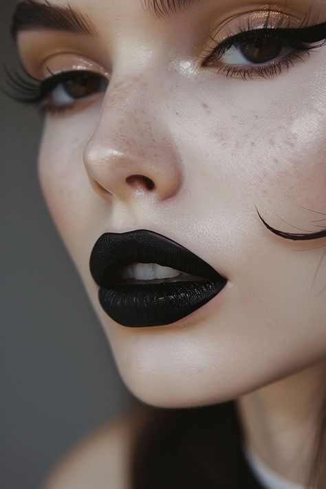 Casual Black Lipstick Look, Black Lipstick Makeup Looks, Black Lipstick Aesthetic, Elegant Goth Makeup, Black Lipstick Looks, Hair Ideas For Medium, Black Lipgloss, Black Lips Makeup, Black Lipstick Look