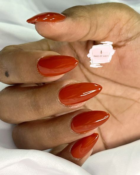 Description: "Fall into style with these gorgeous terracotta nails! Perfect for autumn days and cozy vibes. 🍁✨ #AutumnNails #TerracottaPerfection #NailGoals" Orange Nails October, Almond Nails Burnt Orange, Red Orange Fall Nails, Aesthetic Orange Nails, Terracota Nails Ideas, Burnt Orange Almond Nails, Deep Orange Nails, Orangey Red Nails, Fall Nails Burnt Orange