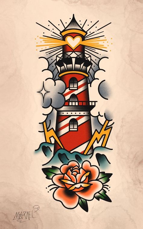 Traditional Tattoo Art Sleeve, Old School Lighthouse Tattoo, American Traditional Lighthouse Tattoo, American Traditional Lighthouse, Tatuajes Old School, Traditional Lighthouse Tattoo, American Traditional Tattoo Design, Traditional Tattoo Drawings, Vintage Style Tattoos