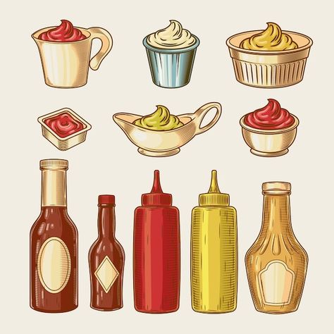 Yogurt Sour Cream, Different Sauces, Chicken Brands, Bottle Drawing, Food Illustration Art, Anime Boy Sketch, Saucepans, Geometric Drawing, Cute Food Drawings