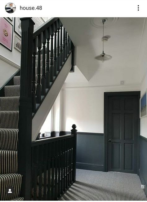 Painted Stairs With Runner, Stairs With Runner, Edwardian Staircase, Hallway Wall Colors, Stair Paneling, Stairs Renovation, Staircase Interior Design, Victorian Hallway, House Staircase