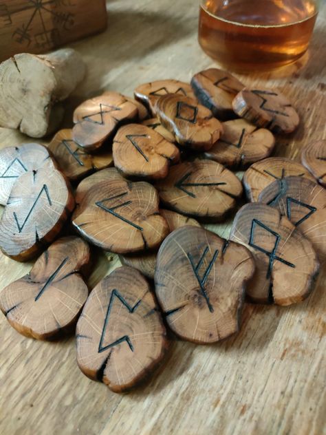 Pagan Wood Crafts, Wood Runes, Loki Deity, Ancient Runes, Witch Room, Ancient Writing, Rune Symbols, Witch Shop, Elder Futhark Runes