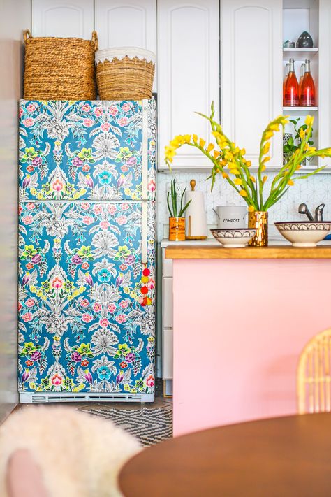 Ugly Fridge, Full Fridge, Fridge Makeover, Painted Fridge, Fridge Decals, Refrigerator Wraps, Bohemian Homes, Colorful Maximalist, Maximalist Home Decor