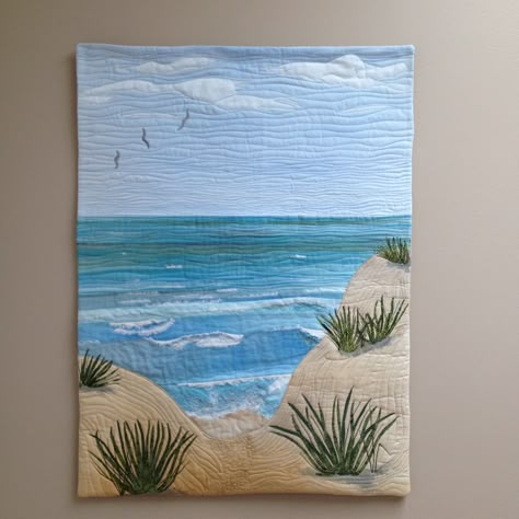 Landscape Quilts Ideas, Art Quilts Inspiration, Sea Turtle Quilts, Seascape Quilts, Beach Quilts, Quilt Landscape, Quilted Postcards, Coastal Quilts, Landscape Quilting