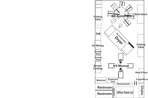 Screen Print Shop Layout, Screen Printing Shop Layout, Screen Printing Shops, Tiny Home Office, Print Screen, Shop Layout, Printing Shop, Anime Eye Drawing, Screenprinting