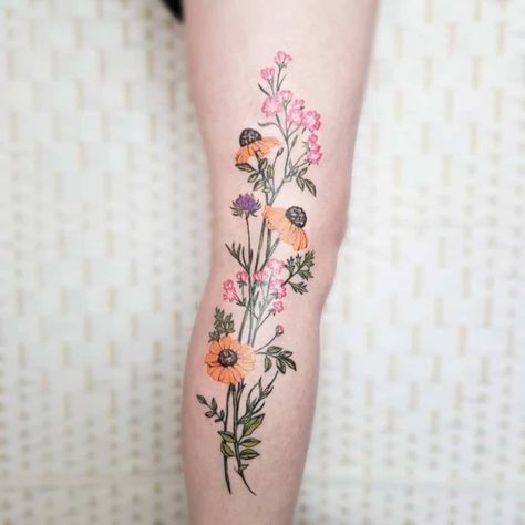 Wild Flower Field Tattoo, Rose And Wildflower Tattoo, Flower Garden Tattoo Ideas, Wildflower Garden Tattoo, Watercolor Wildflower Tattoo, Wildflower And Butterfly Tattoo, Wildflower Wrap Around Tattoo, Gardening Tattoo Ideas, Wildflower Tattoo Thigh