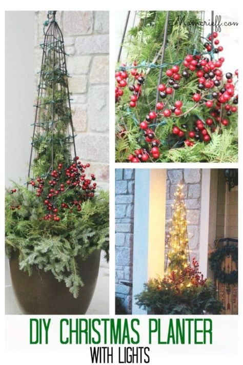 I try to repurpose what I have for different seasons.  Here is my DIY Christmas planter.  I used my summer planter and trellis.   Pictures and detailed tutorial of how this was created.  It looks pretty with the white lights on and looks great in the daytime too! Outdoor Holiday Planters, Christmas Hygge, Christmas Planter, Christmas Urns, Outdoor Christmas Planters, Holiday Planter, Winter Planter, Container Garden Design, Christmas Planters