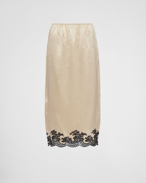 Desert Beige Satin crepe and lace midi-skirt | Prada Skirts Plaid, Prada Skirt, Designer Pajamas, Flowy Midi Skirt, Floral Skirts, Barbie Sewing, Lace Midi Skirt, Long Denim Skirt, Style Reference