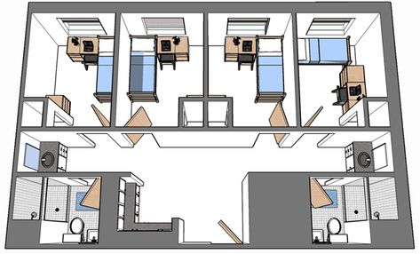 Hostel Room Plan, Dorm Layout, Dorm Room Layouts, Hostels Design, Hostel Room, Residence Life, Student Apartment, Dorm Design, Shelter Design