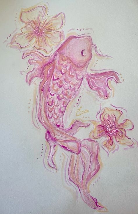 Creative Fish Drawing, Koi Fish Aesthetic Drawing, Something Pink Drawing, Pink Fish Drawing, Drawing Of Koi Fish, Colour Pencil Drawing Aesthetic, Drawing Ideas Koi Fish, Koi Fish Colored Pencil, Colourful Fish Drawing