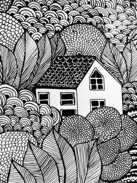 Zentagle Drawing Landscape, Line Composition Drawing Sketch, Pola Organis, Line Composition Drawing, Zentangle Houses, Zentangle Landscape, Zantangle Art, Pen Art Work, Zen Doodle Patterns