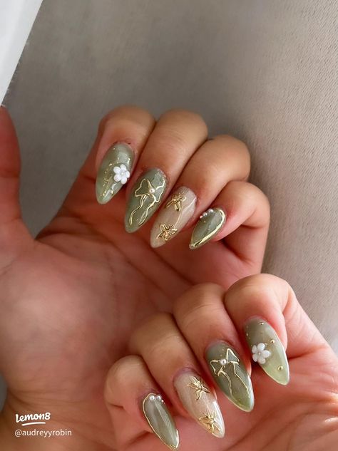 jade nails💚🤍 | Gallery posted by AUD | Lemon8 Elven Nails, Jade Nails Designs, Jade Green Nails, Fairy Nail Art, Paznokcie Hello Kitty, Jade Nails, Kutek Disney, Nagel Tips, Her Nails