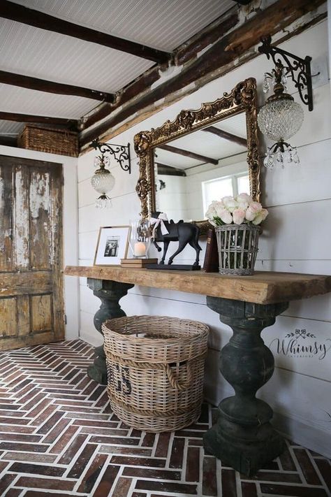 Exposed Brick Mudroom, Log Cabin Tile Floor, Brick Flooring Entryway, Brick Entryway Floor, Brick Entryway Wall, Entry Tile Floor Entryway, Brick Tile Floor, Cottage Fairytale, Antique Sconces