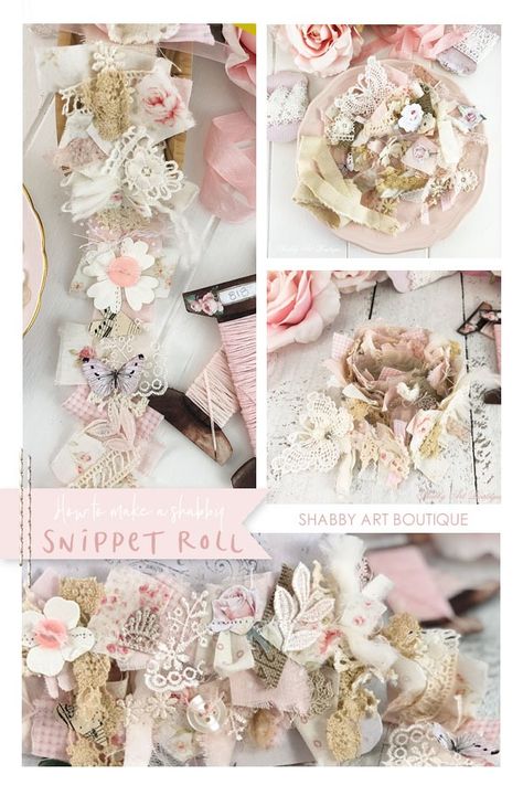 How to make my pretty shabby snippet roll - A tutorial by Shabby Art Boutique Fabric Snippets, Snippet Roll, Shabby Art Boutique, Snippet Rolls, Shabby Chic Journal, Spool Crafts, Art And Craft Ideas, Art Boutique, Scrap Fabric Crafts