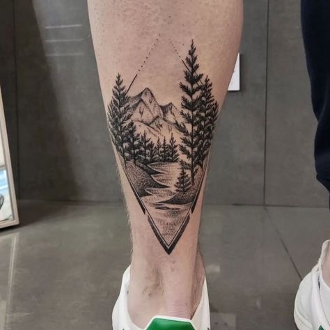 Diamond Nature Scene Tattoo, Wilderness Leg Sleeve Tattoo, Geometric Outdoor Tattoo, River And Roads Tattoo, Big Nature Tattoo, Scenery Tattoo Women, British Columbia Tattoo Ideas, Camping Scene Tattoo, Banff Tattoo Ideas