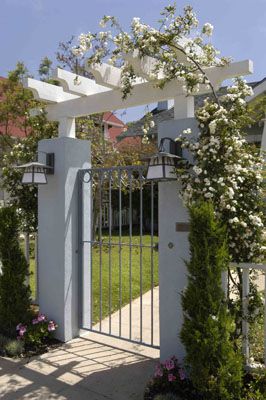 Trellis Over Gate, Entry Arbor Ideas Front Gates, Garden Gate Trellis Entrance, Gate Post Lights, Gazebo Front Porch, Gate Posts Ideas, Gate Garden Entrance, Entry Gate Design, Modern Entrance Design