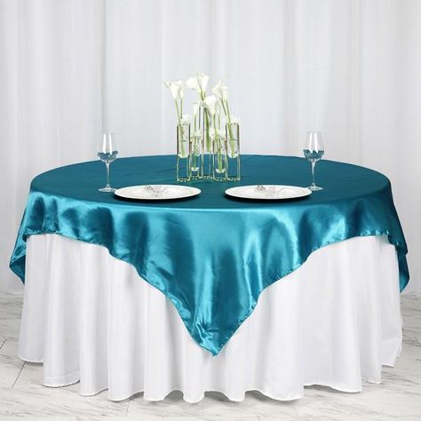 72" x 72" Teal Seamless Square Satin Tablecloth Overlay | eFavorMart Satin Tablecloth, Teal Table, Table Overlays, Mantel Redondo, Wedding Linens, Square Tablecloth, Party Table Decorations, Dark Turquoise, Satin Color