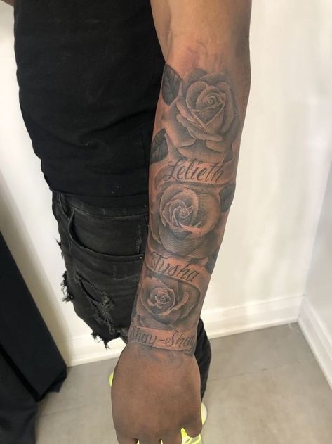 Half Of Sleeve Tattoos For Black Women, Forearm Tattoos Names, Rose Tattoo Men Forearm Half Sleeves, Front Arm Tattoo Men Sleeve, Family Forearm Tattoo Men, Tattoo Sleeve Men Half, Outter Arm Tattoo Men Sleeve, Full Forearm Tattoo Men, Family Tattoos For Men Forearm