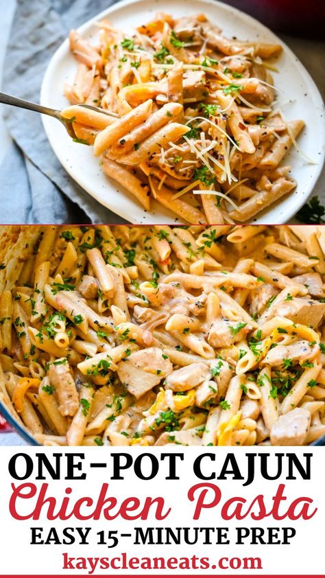 This recipe for one-pot cajun chicken pasta makes dinner a breeze. Made with penne pasta, veggies, and chicken all coated in the most delicious creamy cajun sauce. This pasta is the perfect weeknight meal, so delicious! Pasta ohh pasta, I feel like it’s taken over the social media space lately and I love to see it. | @kayscleaneats #cajunpasta #easycajunpasta #easyfamildinnerrecipes #cajunchickenpasta #easyfamilydinnerrecipes Chicken Capers Pasta, One Pot Cajun Chicken Pasta, Easy Cajun Chicken Pasta, Juicy Chicken Breast Recipes, Creamy Cajun Sauce, Chicken Breast Pasta, Pasta Veggies, Chicken Penne Pasta, Cajun Chicken Pasta Recipes