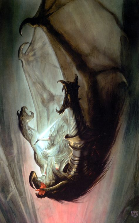 The Lord of the Rings - John Howe Art - Gandalfs' Fall with the Balrog Tolkien Artwork, Demon Dragon, Lord Of Rings, Alan Lee, John Howe, Tolkien Elves, Illustration Fantasy, Middle Earth Art, Tolkien Art