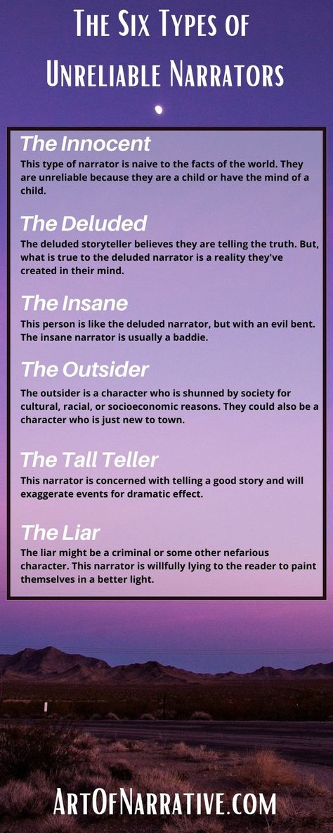 Learn the six types of unreliable narrators. Plus! Learn how to create an unreliable narrator in your own story. And, learn the benefits of having an unreliable narrator. Also, find six examples of classic unreliable narrators! Types Of Narrators, 2024 Writing, Fanfic Writing, Unreliable Narrator, Storytelling Marketing, Acting Lessons, Writing Editing, Writer Tips, Writing Prompts For Writers