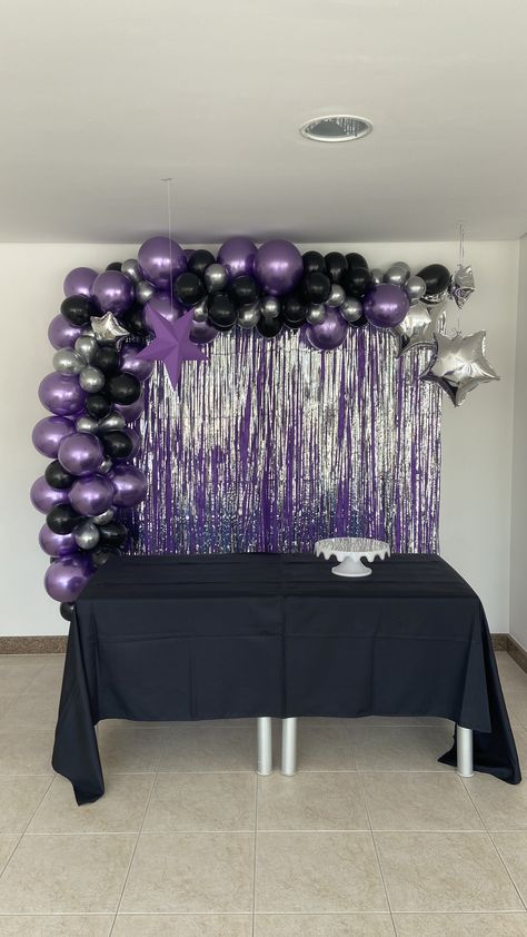 Black And Lavender Birthday Decor, Purple Black Party Decorations, Purple And Black Party Theme, Purple And Black Party Ideas, 16 Birthday Party Ideas Purple, 18th Birthday Party Ideas Purple, Purple And Black Birthday Decorations, Black And Purple Quinceanera Dresses, Black And Purple Party Decorations