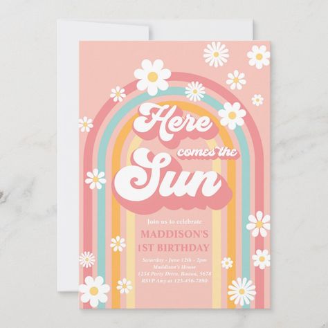 Here Come The Sun Boho Daisy Rainbow 1st Birthday Invitation All designs are © PIXEL PERFECTION PARTY LTD One Groovy Babe, Flower Power Party, Rainbow 1st Birthday, Hippie Birthday Party, 10th Birthday Invitation, Rainbow Baby Shower Invitations, Boho Birthday Party, Hippie Birthday, Rainbow Birthday Invitations