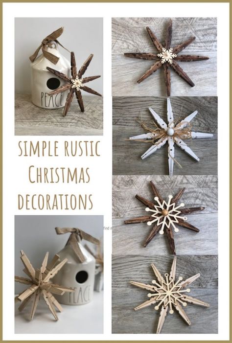 Simple Rustic Christmas Ornaments- DIY · Just That Perfect Piece Ornaments Simple, Clothespin Crafts Christmas, Rustic Christmas Decorations, Clothespin Diy Crafts, Wooden Clothespin Crafts, Farmhouse Christmas Ornaments, Rustic Christmas Ornaments, Simple Crochet, Clothes Pin Crafts