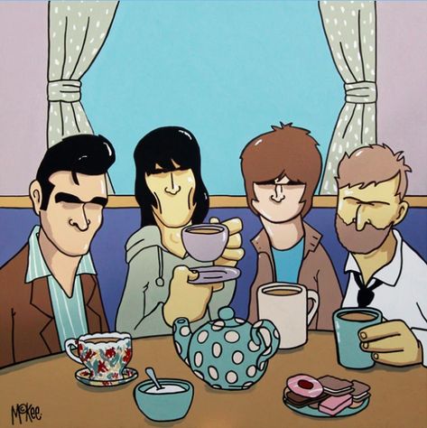 Manchester Legends by Pete McKee. Pete Mckee, Rock Poster Art, Beady Eye, Music Illustration, Flying Birds, Liam Gallagher, Morrissey, Rock Posters, Weird Art