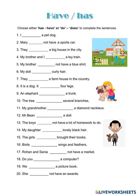 Have And Has Activities, Verb To Have Worksheets For Kids, Have And Has Grammar, Have Has Worksheets For Kids, Has And Have Worksheets, Have Has Worksheets, Has Have Worksheets, Have Sentences, Composition Worksheet