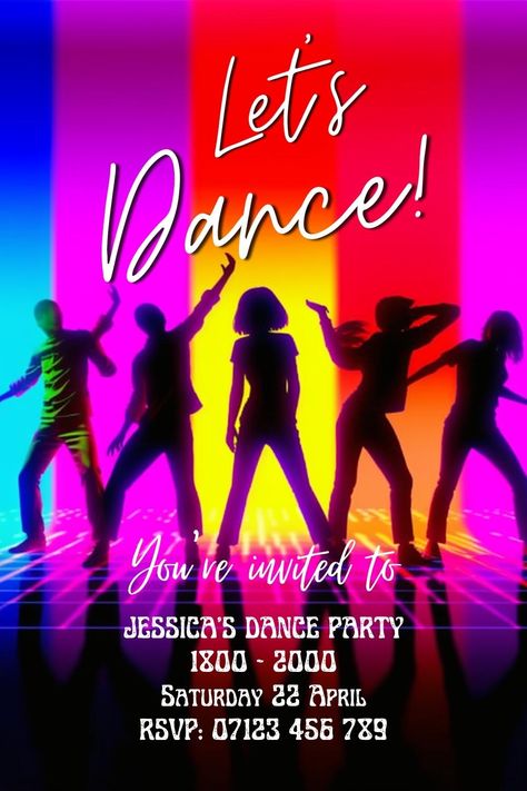 Birthday Party Disco, Dance Party Theme, Dance Invitation, Dance Birthday Party, Dance Cards, Dance Party Invitations, Dance Party Birthday, Ball Dance, Dance Comp