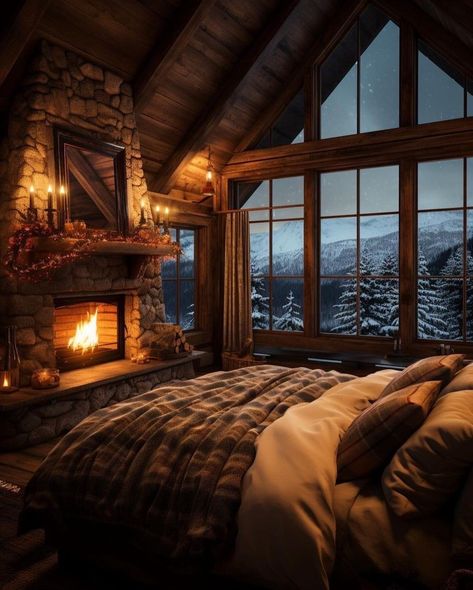 Whimsical Cabin In The Woods, Log Cabin Snow, Cozy Home In The Woods, Cabin In Mountains Aesthetic, Cozy Cabin In The Mountains, Alaska Interior Design, Cabins Bedroom, Rustic Cozy House, Cabin Aesthetic Interiors