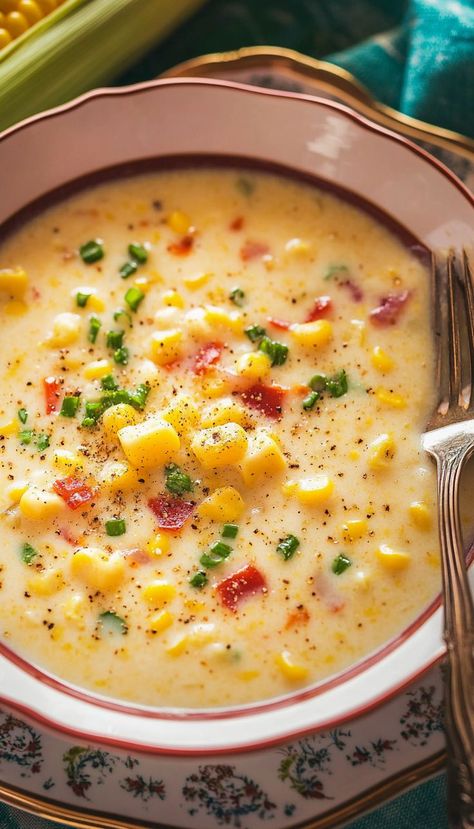 This Creamy Corn Chowder Recipe is the perfect comfort food for chilly days. Made with sweet corn, tender potatoes, and crispy bacon, this chowder is rich, creamy, and full of flavor. The creamy base, seasoned with garlic, thyme, and a touch of cream, makes this chowder a filling and satisfying meal. It’s easy to make and can be served with a side of crusty bread for dipping. Creamy Corn Chowder Recipe, Creamy Corn Chowder, Easy Corn Chowder, Bread For Dipping, Recipes For Work, Potato Corn Chowder, Potato Chowder, Cream Corn, Corn Chowder Recipe