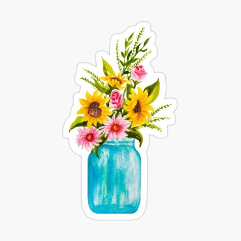 Mason Jar With Flowers, Flowers In A Jar, Jar With Flowers, Preserve Flowers, Jar Flowers, Jar Stickers, Mason Jar Flowers, Flowers Drawing, Watercolour Inspiration