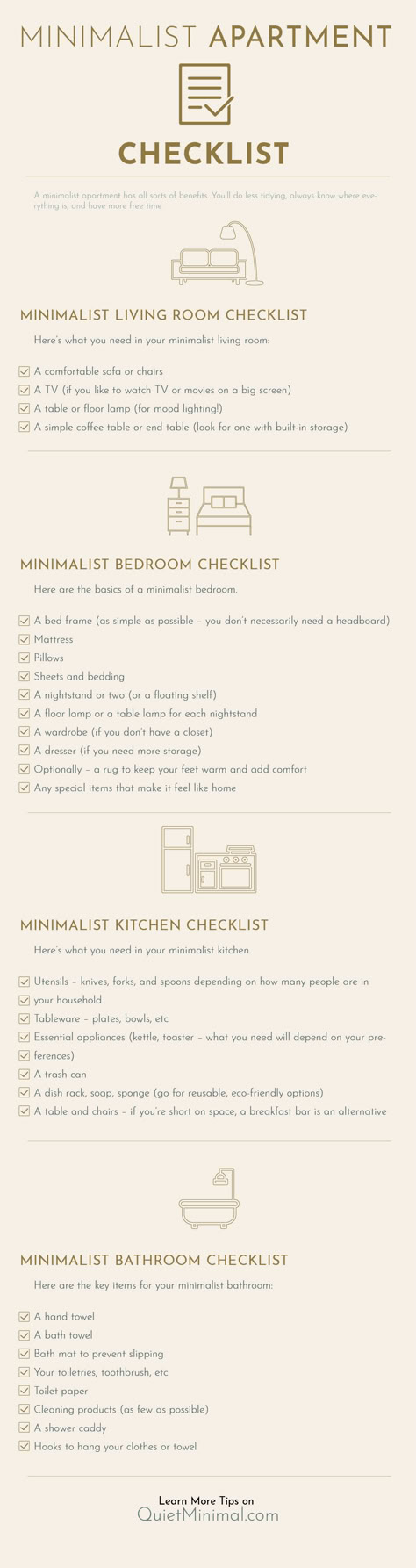 Minimalist Room Checklist, Minimalist House Checklist, Minimalist House List, Minimalist Bedroom Essentials, New Apartment Checklist Minimalist, Small Apartment Checklist, Minimalist Apartment List, First Apartment Minimalist, Minimalist One Room Apartment