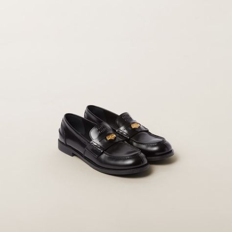 Black Brushed Leather Loafers | Miu Miu Prada 2005, Penny Loafer, Patent Leather Pumps, Suede Loafers, Penny Loafers, Embossed Logo, Leather Band, Leather Loafers, Coats Jackets Women