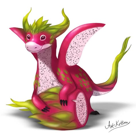 Dragonfruit Dragon Drawing, Food Dragons Art, Dragonfruit Dragon, Animation Animals, Plush Ideas, Chibi Clothes, Odd Pics, Akvarel Illustration, Animal Foods