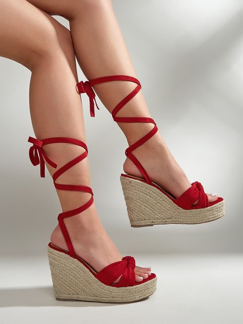 Red Wedge Sandals, Knot Decor, Strappy Wedge Sandals, Strappy Wedges, Platform Wedge Sandals, Wedge Espadrille, Platform Wedges, Wedge Sandals, Womens Sandals