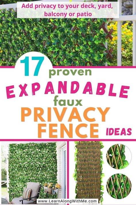 17 proven expandable faux privacy fence ideas. Do you want a quick privacy fence solution? Check out these expandable faux privacy fence products. Just stretch them out, tie them to your existing fence or deck railing, and you'll instantly have a more private yard or deck.
Some of the option in this list include products with artificial ivy leaves, some with faux laurel leaves, some with fake ficus leaves, and more ideas.

#privacyscreen  #expandablefauxprivacyfence Outdoor Fence Privacy Ideas, Expandable Fence With Leaves, Expandable Privacy Fence, Faux Ivy Privacy Screen, Faux Plant Privacy Screen, Faux Ivy Privacy Screen Fence Ideas, Diy Fence Cover Up, Quick Privacy Fence, Adding Height To Fence For Privacy