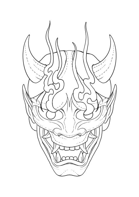 တတ်တူးပုံများ Tattoo, Oni Mask Tattoo Stencil, Oni Mask Stencil, Oni Mask Outline, Japanese Oni Mask Drawing, Japan Demon Tattoo, Japanese Tattoo Crane, Japanese Tattoo Designs Oni Mask, Samurai Tattoo Stencil