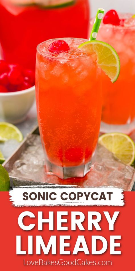 Sonic Copycat Cherry Limeade recipe Refresher Drinks, Cherry Limeade Recipe, Limeade Drinks, Sonic Cherry Limeade, Sonic Drinks, Limeade Recipe, Maraschino Cherries, Dads Birthday, Drink Recipes Nonalcoholic