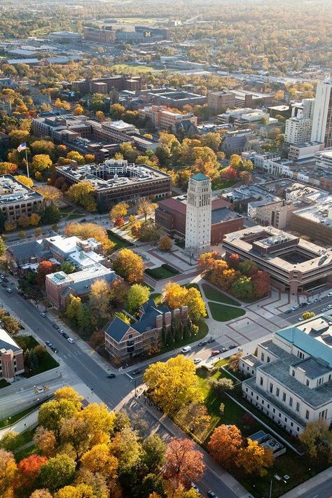 Aerial view of Ann Arbor and the University of Michigan Central Campus University Of Michigan Campus, University Design, Michigan Go Blue, College Guide, University Of Michigan Wolverines, Michigan Sports, Ann Arbor Michigan, State Of Michigan, River Cruise